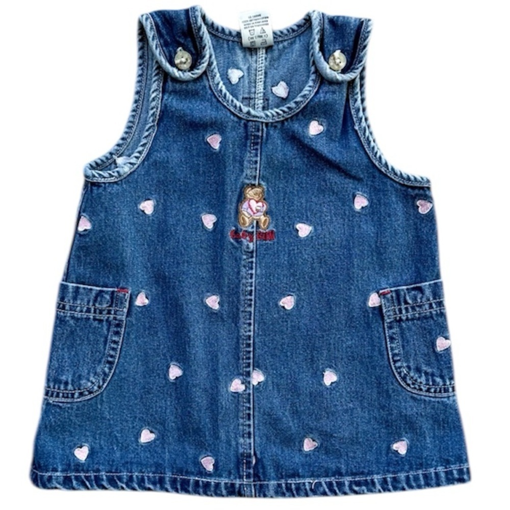 Teddy Bear Hearts Vtg Baby Bum Equipment Jean Denim Dress Youth (12M)
